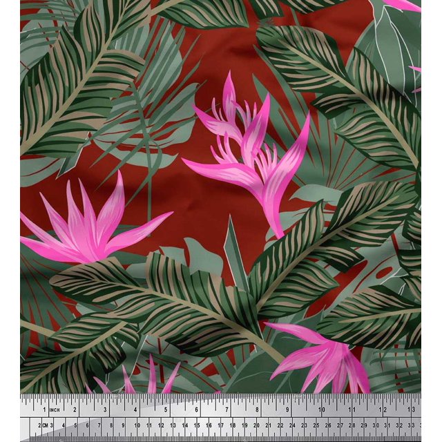 Soimoi Modal Satin Fabric Floral & Leaves Tropical Decor Fabric Printed Yard 42 Inch Wide
