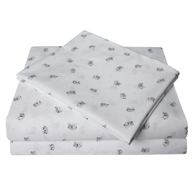 Mainstays Kids Printed Easy Wash Soft-Microfiber Sheet Set with white fabric featuring small gray cat faces and tiny pink hearts, made of 100% polyester microfiber. Includes deep pocket fitted sheet for mattresses up to 14 inches, flat sheet, and pillowcases, ideal for kids' bed sheets and easy machine washing. Also suitable as a soft play mat cover.
