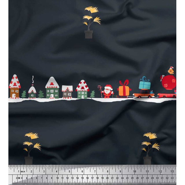 Soimoi Cotton Voile Fabric Santa,Gift Box & Tree Christmas Print Sewing Fabric Yard 42 Inch Wide
