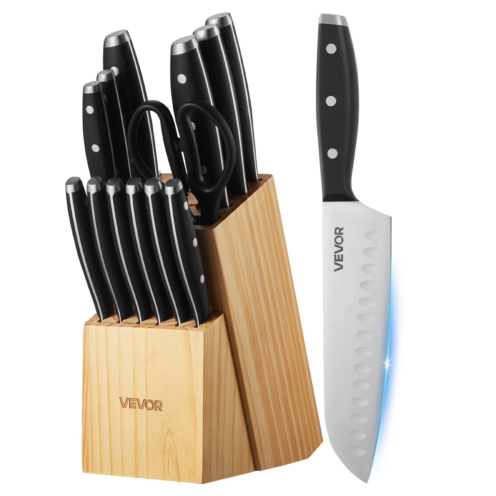 VEVOR Kitchen Knife Set with Block and Sharpener, 15 Piece High Carbon Stainless Steel Sharp Knife Set, Kitchen Cutlery with Ergonomic Handle, Sharpening Rod and Premium Wooden Block, for Home Cooks