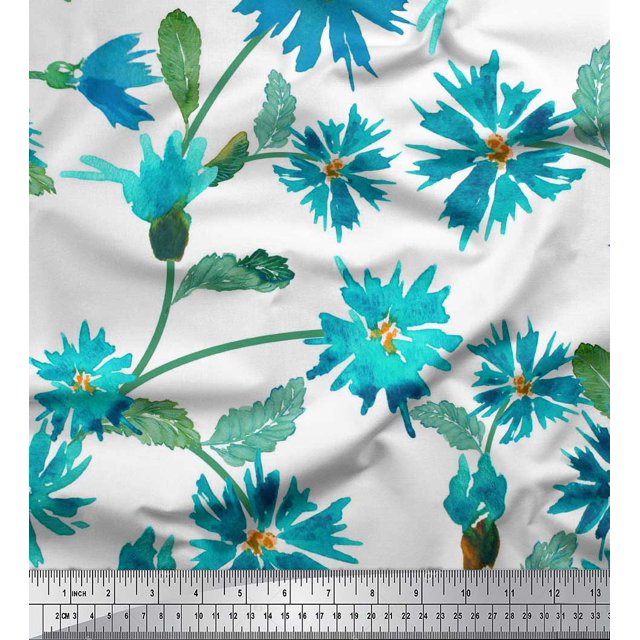Soimoi Crepe Silk Fabric Leaves & Aster Flower Decor Fabric Printed Yard 42 Inch Wide