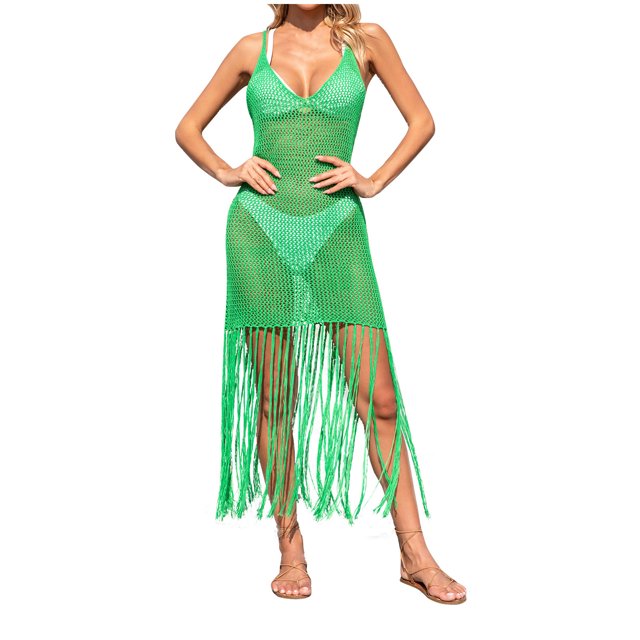 Plebaso Cache-Maillot au Crochet pour Femmes, Robe de Plage en Maille Tricotée à Franges, Maillot de Bain Sans Manches, Cache-Maillot