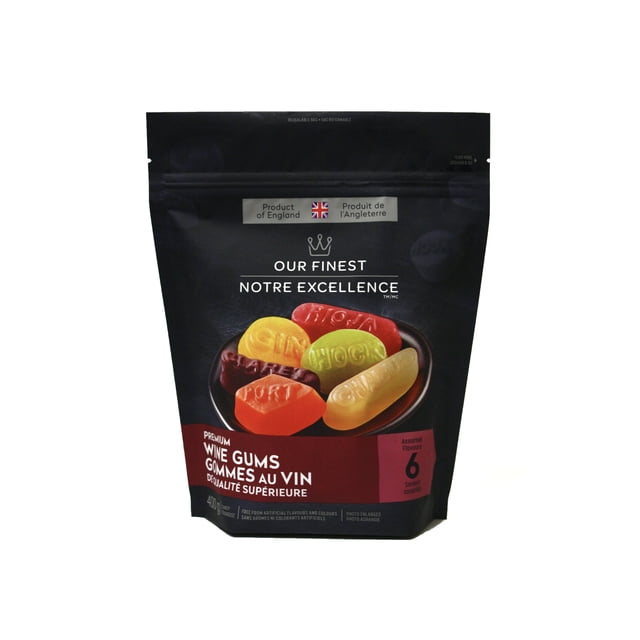 Notre Excellence Gommes de Vin Haut de Gamme 400 g Sac Refermable Présentant une Assortiment de Bonbons Gélifiés Colorés Embossés de Noms de Saveurs comme port, sherry et gin, Faits avec des Arômes et des Couleurs Entièrement Naturels, Produit d'Angleterre, Idéal pour le Plaisir de Collation de Bonbons Gélifiés et Moelleux.