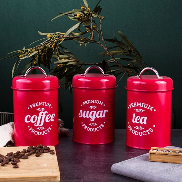 AMERTEER Coffee Container Food Safe Moisture-proof Wrought Iron Strong Sealing Sugar Canister for Kitchen Red 2