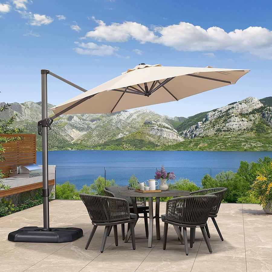 PURPLE LEAF Parasol Déporté de 10 Pi Rond pour Terrasse Extérieure, Grand Parasol Suspendu, Parasol en Aluminium avec Rotation à 360°, Parasol de Jardin et de Piscine Ajustable, Beige
