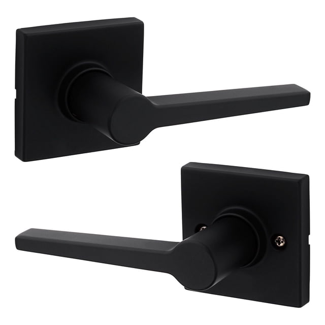 Weiser Safelock Daylon Interior Passage Door Lever in matte black with square rosettes, shown from two angles highlighting the fully reversible lever design for right or left-handed doors, featuring a smooth matte finish and easy screwdriver installation.