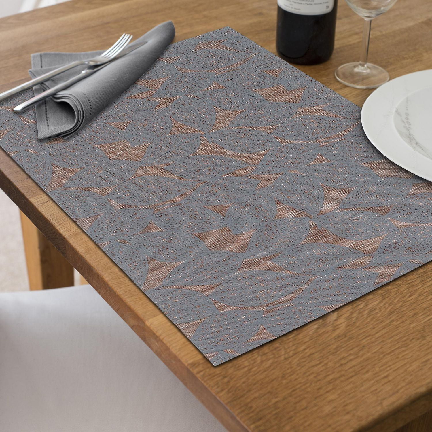 Set De Table Imprimé En Poly-Lin Leave Gris - Lot De 12