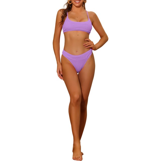 Women's 2 Piece Ribbed Bikini Sets, Adjustable Spaghetti Straps Sports Swimwear Bathing Suits Purple S