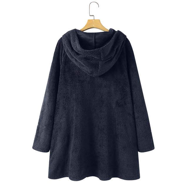 Women Printed Button Plush Tops Hooded Loose Cardigan Wool Coat Winter Jacket