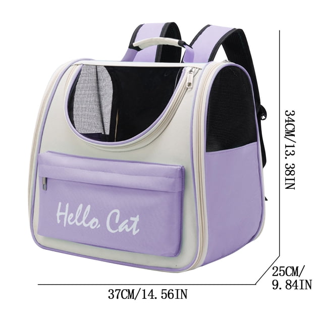 Pompotops Outdoor Portable Pet Backpack Breathable Large Capacity Pet Backpack in a lavender and white design with 'Hello, Cat' text on the front pocket. Features a mesh panel for ventilation, adjustable shoulder straps, and a durable nylon material. Dimensions are 37cm x 34cm x 25cm, suitable for small pets.