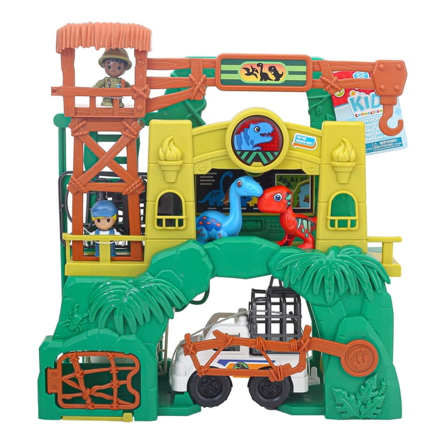 Kid Connection Ensemble de Jeu Station de Sauvetage de Dinos, 28 Pcs, Comprenant une Station de Sauvetage Verte et Jaune avec des accents à Thème Jungle, Deux Figurines d'Action, Deux Dinosaures Colorés, un Camion de Sauvetage Blanc avec cage et une Grue Rotative orange pour un Jeu Interactif de Sauvetage de Dinosaures.