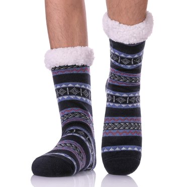 LANLEO Men 's Fuzzy Ripple Slipper Socks Super Soft Warm Fleece Lining Knit Non Slip Winter Socks Dark Blue