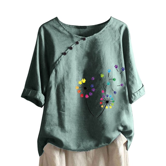 CHUANK Hauts pour Femmes en Solde à Moins de 10$ Hauts Décontractés Printemps Été Manches Longues en Coton Lin Imprimé Graphique Pissenlit Col Rond Blouses Vintage Grande Taille