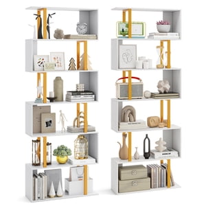 Gymax 2 PCS 6-Tier Geometric Bookcase 74.5-Inch S-Shaped Bookshelf w/ Metal Frame Gold