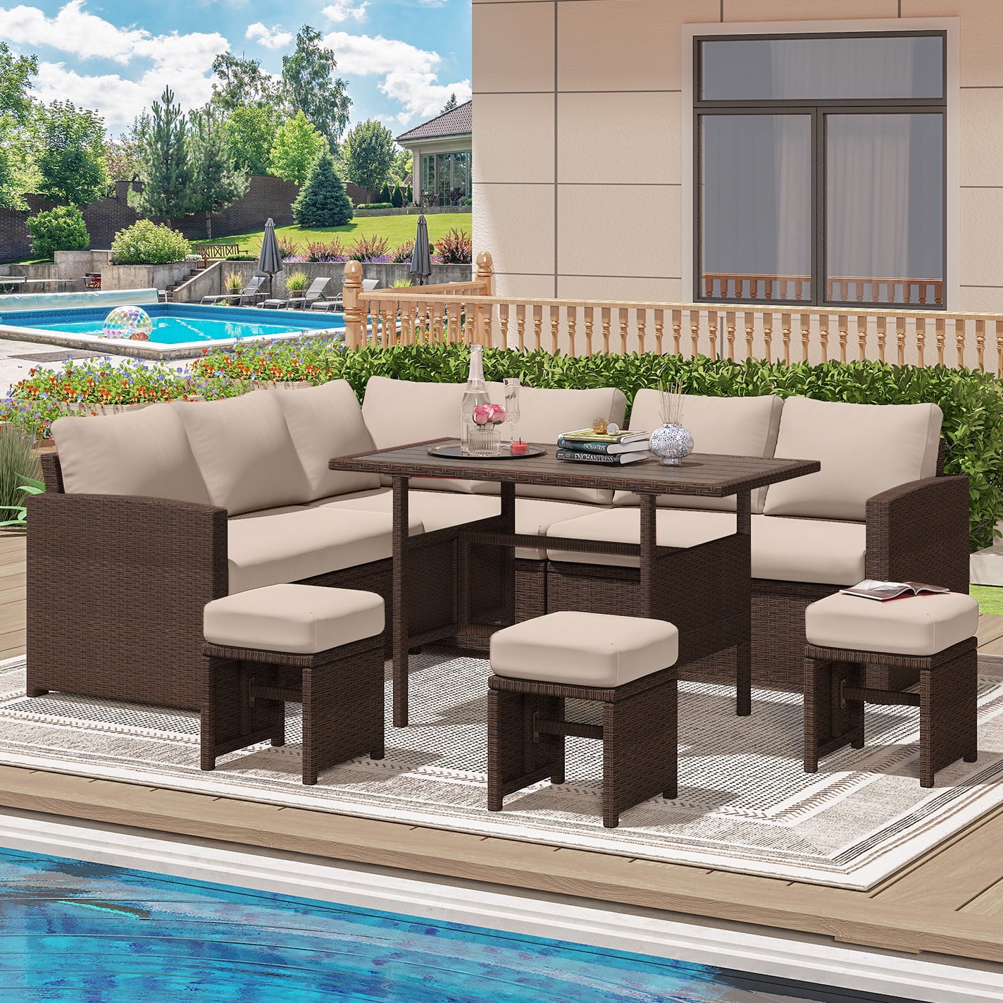 AECOJOY 7 Pieces Patio Furniture Set PE Rattan Outdoor Dining Set Sectional Sofa Couch with Table Patio Conversation Set in Beige