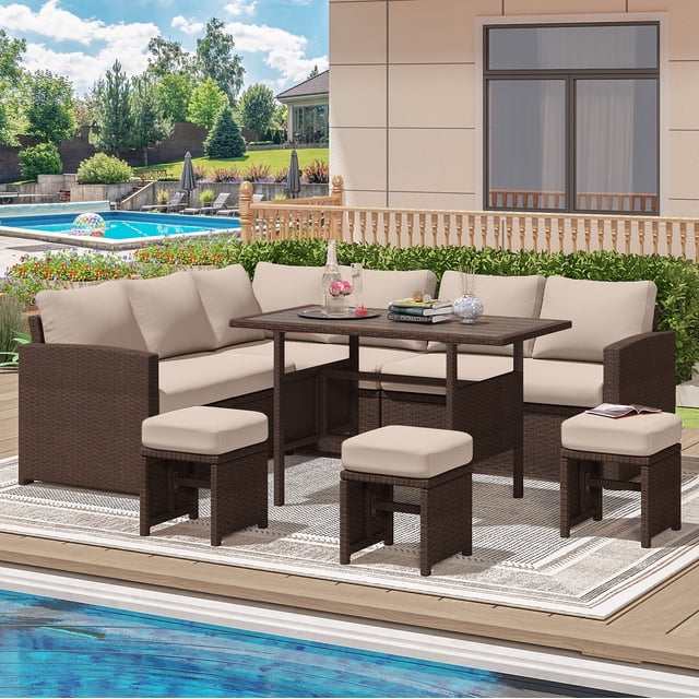 AECOJOY 7 Pieces Patio Furniture Set with beige sectional sofa, ottomans, and a spacious table. Made with durable hand-woven PE rattan and featuring fade-resistant cushions for outdoor use. Perfect for patios, gardens, or poolside setups.