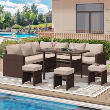 AECOJOY Ensemble de Mobilier de Patio 7 Pcs Ensemble de Salle à Manger d'Extérieur en Rotin PE Canapé Sectionnel avec Table Ensemble de Conversation de Patio en Beige