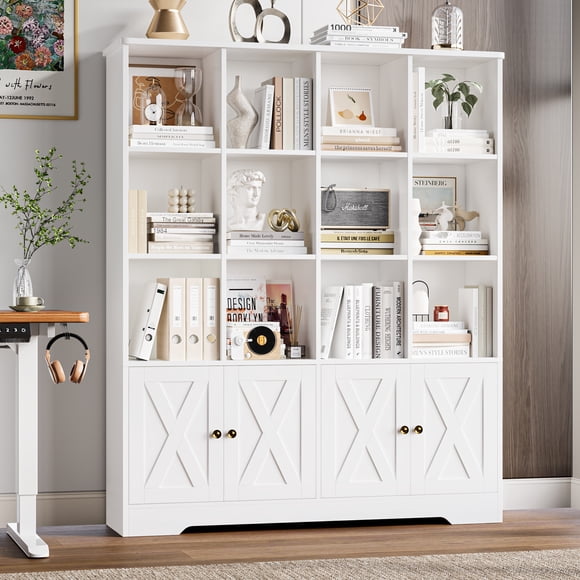 Homfa 12 Cube Double Wide Bookcase with Doors, 3 Tier Library Cabinet & Bookshelves for Home Office Living Room, White