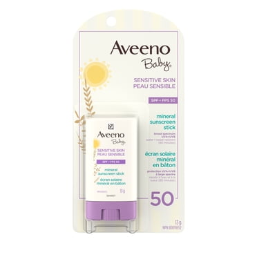 Écran solaire minéral Peau sensible Aveeno Baby avec FPS 50, bâtonnet de 13 g, avec 100 % d’oxyde de zinc, Pour le visage et le corps, Résiste à l'eau et à la sueur, Écran solaire en bâtonnet pour enf