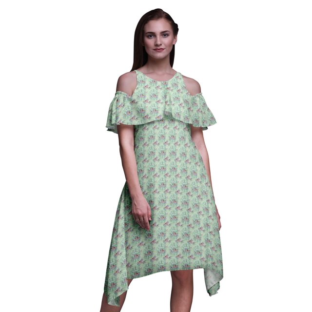 Bimba Butterfly Print Flutter Sleeve Womens Party Tunic Cold Shoulder Midi Dress-X-Small