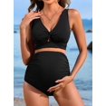 thumbnail image 3 of Charmo V Neck Maternity Swimsuits Ribbed Twist Front Bikini Sets High Waist Pregnancy Bathing Suits for Womens, 3 of 6