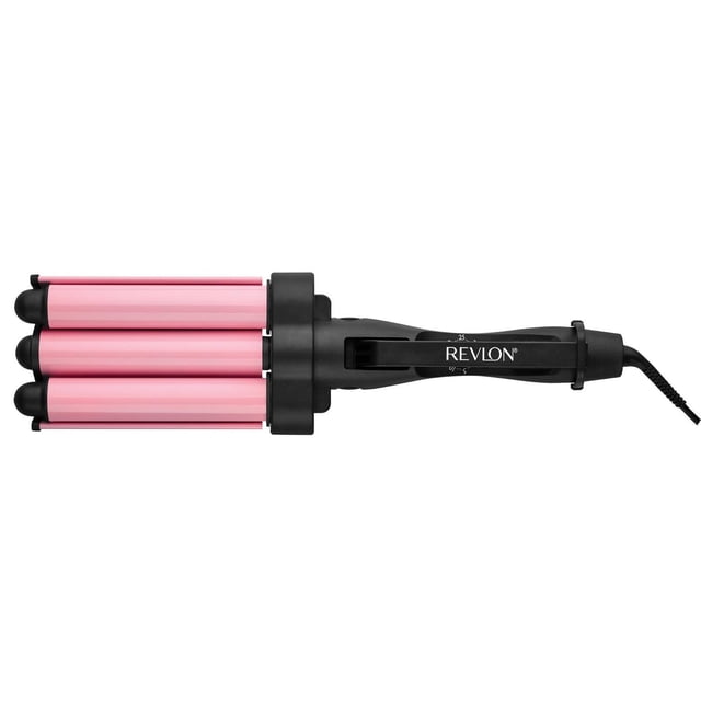 Revlon Wave Master 3 Barrel Ceramic Jumbo Waver in pink with black handle, featuring three tourmaline ceramic barrels for deep beachy waves, 30 heat settings, a cool tip for safe styling, and a 6-foot swivel cord for tangle-free use.