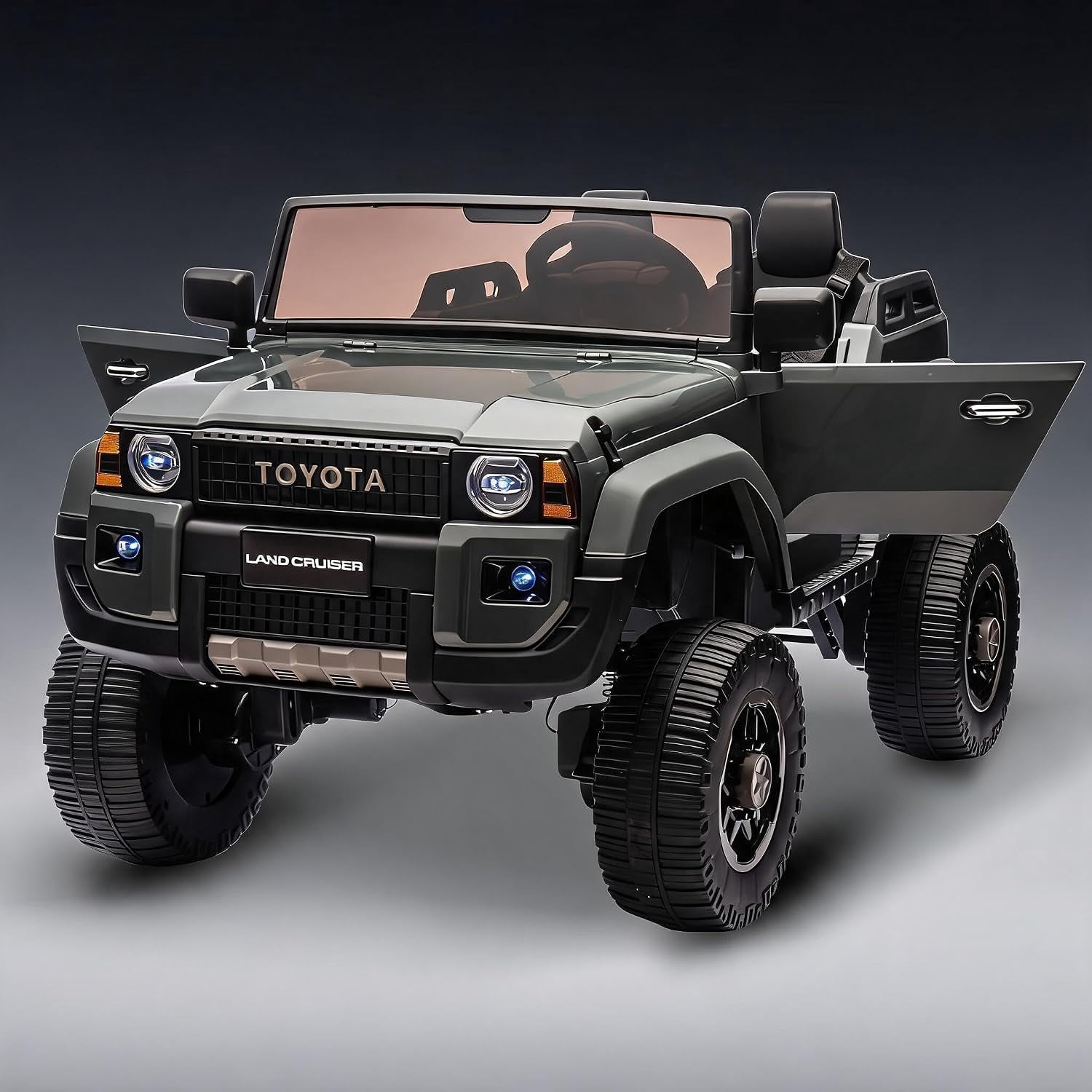 24V Licensed Toyota Land Cruiser Ride On Car, 2-Seater, Remote Control, 4WD/2WD, LED Lights, Bluetooth Music, Shovel, 110 lbs Capacity, Wheels Toy for Big Kids,Grey