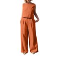 thumbnail image 1 of Pompotops 2PC Fashion Woman Round Neck Solid Sleeveless Blouse +Loose Pockets Pants Sets, 1 of 9