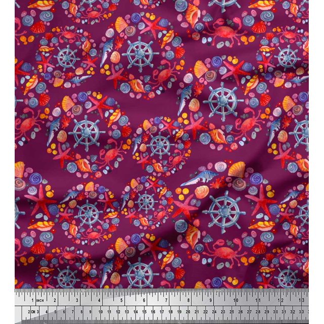 Soimoi Pink polyester Crepe Fabric Ship Wheel,Starfish & Seashell Ocean Decor Fabric Printed Yard 42 Inch Wide