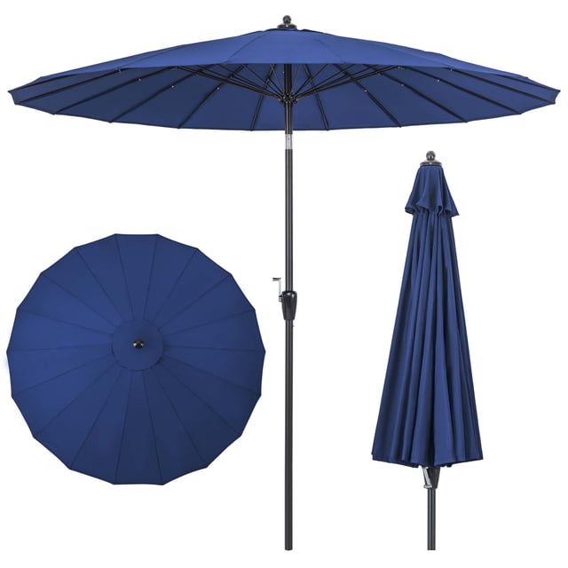 Costway Parasol de Marché Rond de 9 Pi pour Patio, Bleu Marine, avec Inclinaison à Bouton-Poussoir, Manivelle et Toit Ventilé. Conçu pour l'Ombre de Patio, Il Comprend 18 Baleines en Fibre de Verre et un Mât en Aluminium Enduit de Poudre durable. le Parasol s'Affiche Entièrement Ouvert, Fermé et dans une Vue de Haut en Bas.
