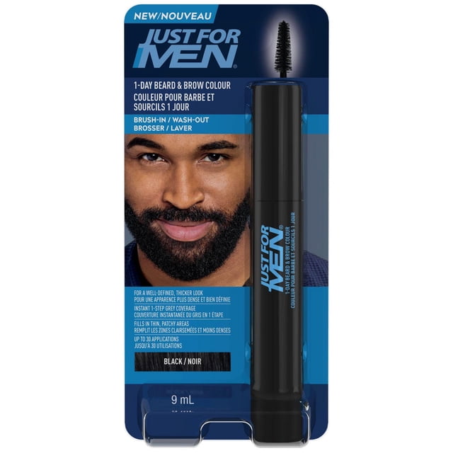 Just for Men 1-Day Beard & Brow Colour in black, a 9 mL brush-in semi-permanent dye with a mascara-style applicator for temporary grey coverage and filling thin, patchy areas, displayed on blue bilingual packaging highlighting up to 30 applications and easy wash-out.