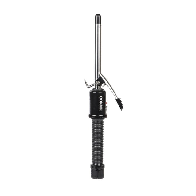 Conair Instant Heat ½" Curling Iron with black ribbed handle and silver metal barrel with clamp and cool tip, featuring Multi-Layer Technology for even heat and 25 heat settings for all hair types, also suitable for quick styling touch-ups.