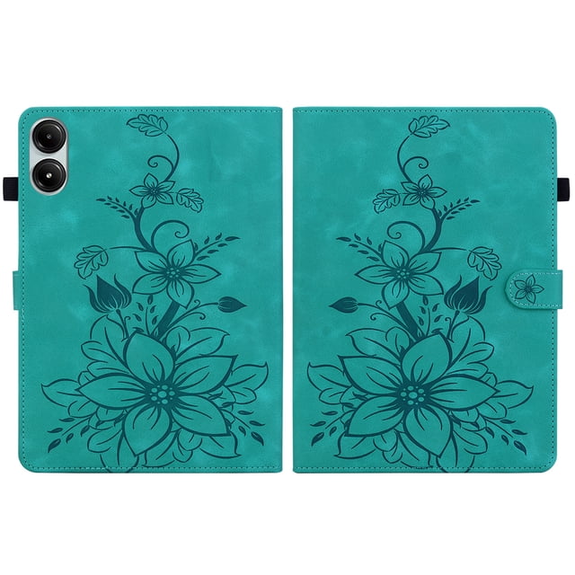 XYX Tablet Case for Redmi Pad Pro 12.1 inch 2024 Released, Lily Flower Pattern PU Leather Multiple Viewing Angles Stand Slim Folio Tablet Cover (Green)