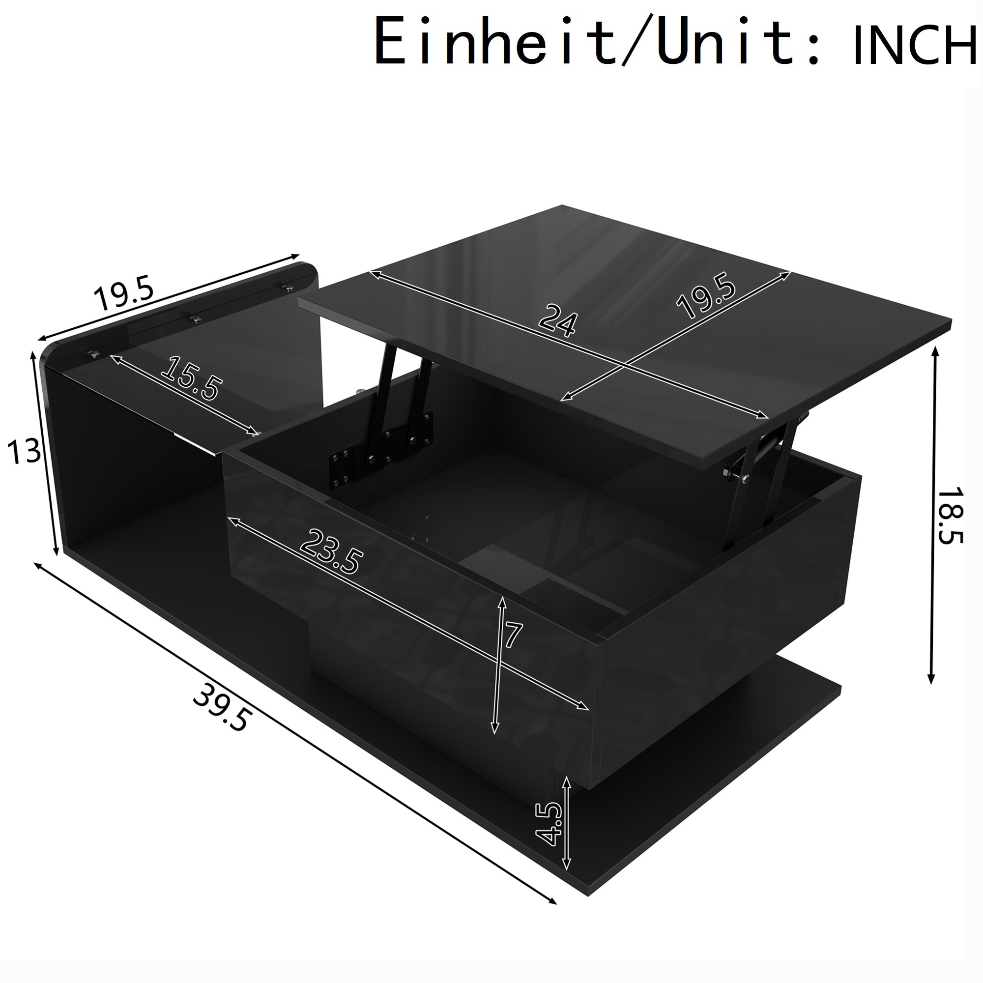 Noble House Table Basse Élévatrice Brillante, LED Contrôlé par Application et Hauteur Réglable avec Dessus en Verre et Rangement, Noir