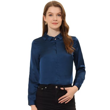 Unique Bargains Chemisier Élégant en Satin à Col Rabattu Manches Longues pour Femmes Bleu Marine TG