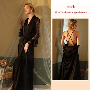 Tawop Robes D'éTé Pour Femmes Women Pajamas Pajamas Long Nightgown Home Bathrobe Robe Sexy Sleepwear Thin Satin Long-Sleeved Loungewear Ladies Nightgowns Black M