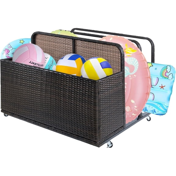 Bingirl Rangement Extérieur en Osier pour Flotteurs de Patio au Bord de la Piscine - Panier Flottant Roulant en Rotin PE avec Roues pour Flotteurs, Nouilles, Gilets de Sauvetage et Ballons de Plage (Meubles de Patio)