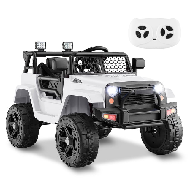 Costway 12V Battery Powered Ride On Truck Electric Kids Ride On Car with Remote Control, shown in white with a rugged design featuring large anti-slip wheels, a wire windshield, and bright LED headlights. Includes a remote control for parental operation and functional buttons for kids, such as a steering wheel, foot pedal, and MP3 player. Suitable for children aged 3-7 years, with a weight capacity of 66 lbs. Designed for safe and smooth riding with shock absorbers, a safety belt, and a slow start function.