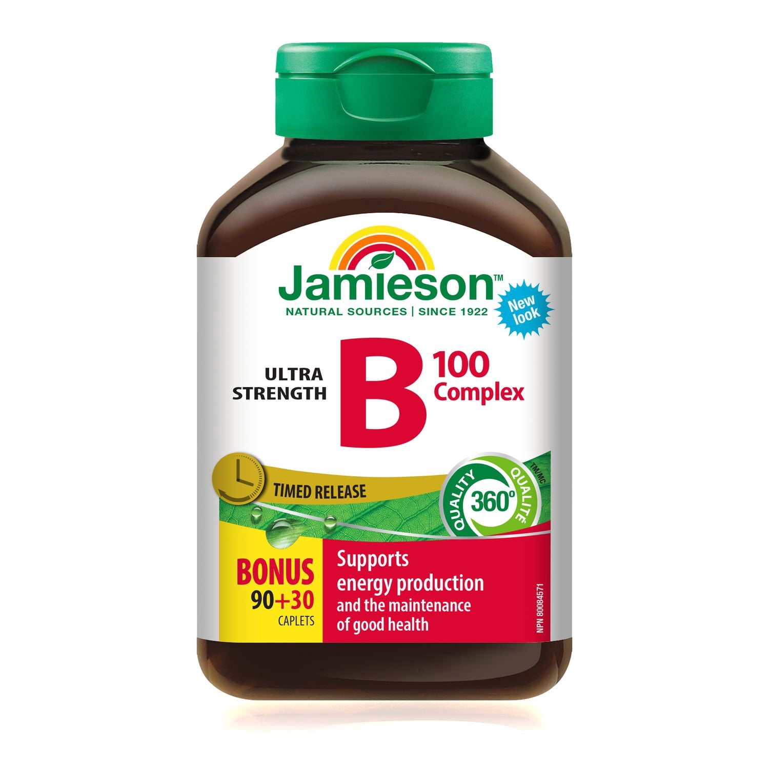 Jamieson Vitamin B100 Complex Caplets, Timed Released, Ultra Strength, Naturally Energizing, and Supports Metabolism. Vegetarian, Non-GMO, Gluten-Free, 120 Count, Proudly Canadian