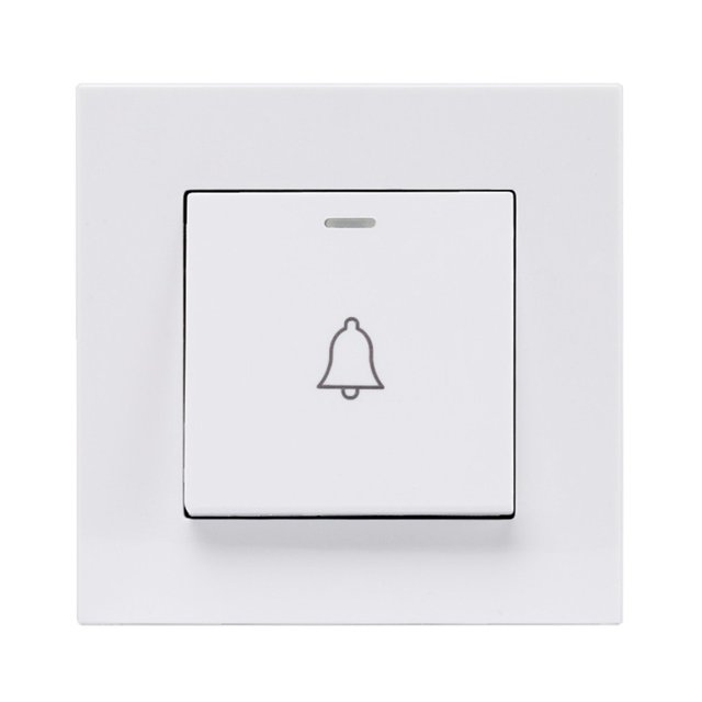 MYG ABS Plastic Panel Home Door Bell Wall Push Button Doorbell Switch in white, designed for smart home use. Features a compact 86mm x 86mm x 39mm design, made from durable ABS plastic. Operates at AC220V with self-consuming power under 0.1mW. Suitable for temperatures between -30°C and 70°C with humidity below 95%.