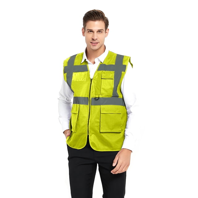 TOPTIE 5 Pockets High Visibility Safety Vest with Reflective Strips, Working Uniform Vest-NEON LIME-L