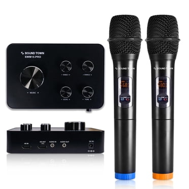 Sound Town Système de Mélangeur Karaoké avec Microphone Sans Fil, HDMI ARC, Optique, AUX, Bluetooth - Prend en Charge Télé Intelligente, Boîtier Multimédia, Barre de Son (SWM15-PRO)