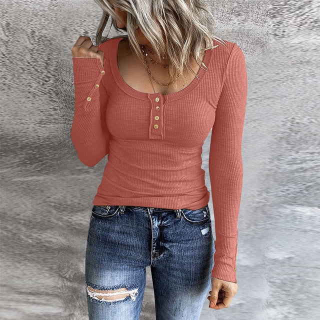 WILLBEST Womens Shirts Trendy 2025 Women Long Sleeve T Shirts Button Down Slim Fit Tops Neck Ribbed Knit Shirts