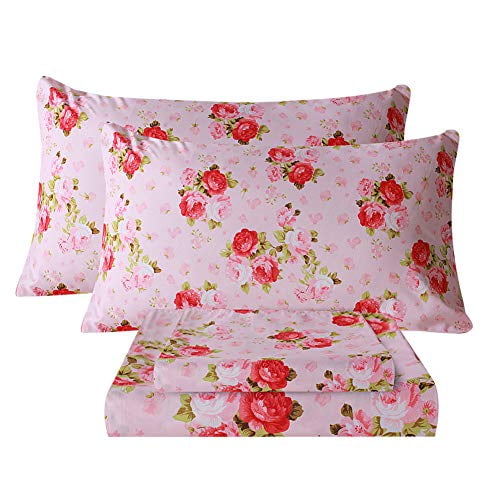 Bedlifes King Sheet Set Pink Sheets Ultra Soft Printed Sheets Floral Sheets Deep Pocket Flat Sheet& Fitted Sheet& Pillowcases 100% Microfiber 4 Piece King Size Red Rose