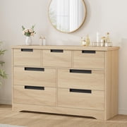 7 Drawer Dresser for Bedroom, Natural Modern Double Dresser Organizer with Embedded Handles Design, Wooden Chest of Drawers for Living Room, Nursery, Hallway
