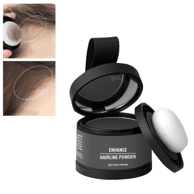 WIFKLSIIPG Hairline Powder Enhance Hairline Powder for root touch-ups and hairline enhancement. The black compact container features a puff applicator for easy application, instantly concealing roots and brightening highlights. Sweatproof and windproof, suitable for daily use and all hair types.