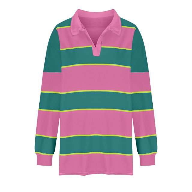 WEAIXIMIUNG Sweat à Capuche pour Femmes, Mode Graphique, Imprimé Rayé, Col à Revers, Bouton, Manches Longues, T-Shirt