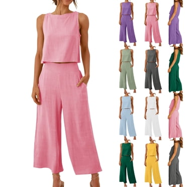 Feancey Summer 2 Piece Sets for Women Linen Casual Vacation Outfits Sleeveless Crop Tank Tops and Wide Leg Pants Matching Set Loose Fit Loungewear Two Piece Pink S