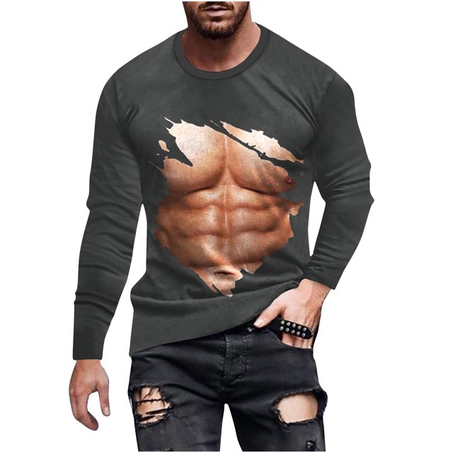 T-Shirts Sans Manches pour Hommes T-Shirt Révélateur de Muscles pour Hommes T-Shirt 3D Imprimé Non Positionné à Manches Longues Col Rond T-Shirt Décontracté Haut Blouses T-Shirts en Coton pour Hommes T-Shirts d'Été pour Hommes