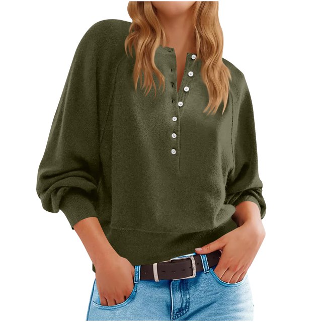 Longs Chandails pour Femmes Mode pour Femmes Col Rond à Boutons Manches Longues Hauts Unis Chandail à Enfiler Chandail Tendance et Confortable Vêtements d'Hiver Chandails d'Hiver pour Femmes